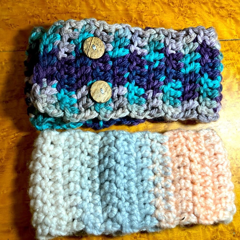 Crocheted neck warmers, two in the set, button detail on one 